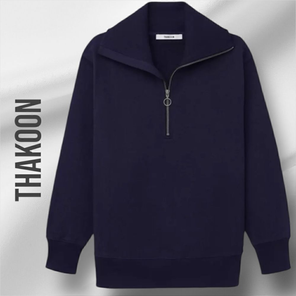 THAKOON Women’s Quarter Zip Long Cotton Sweatshirt in the Size Large in Navy